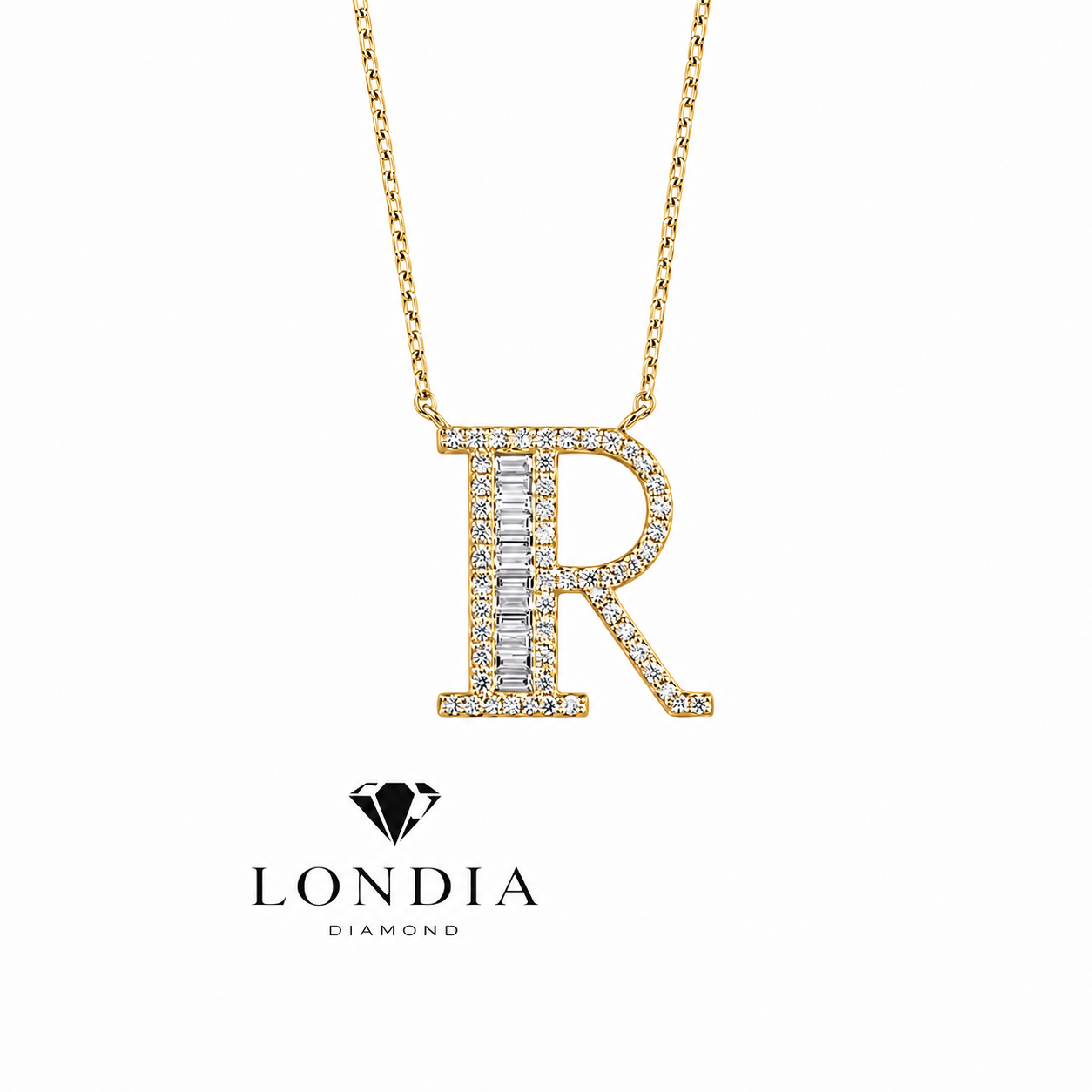 Personalized Baguette R Initial 0.45 Carat Natural Diamond Necklace