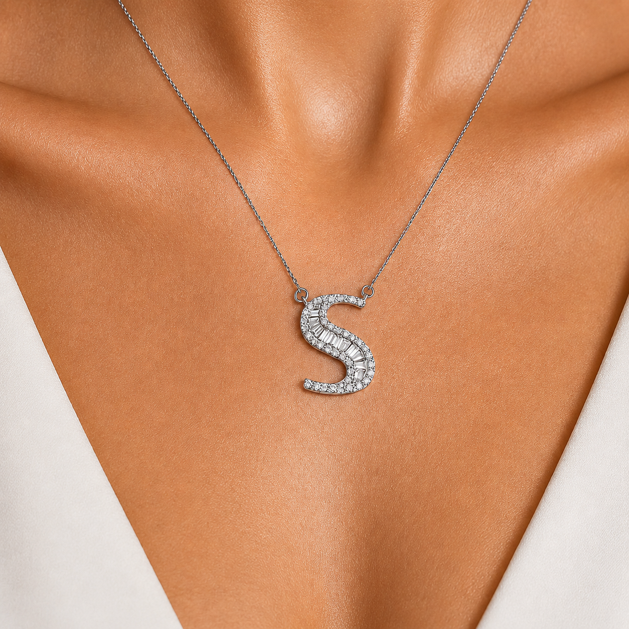 Personalized Baguette S Initial 0.45 Carat Natural Diamond Necklace
