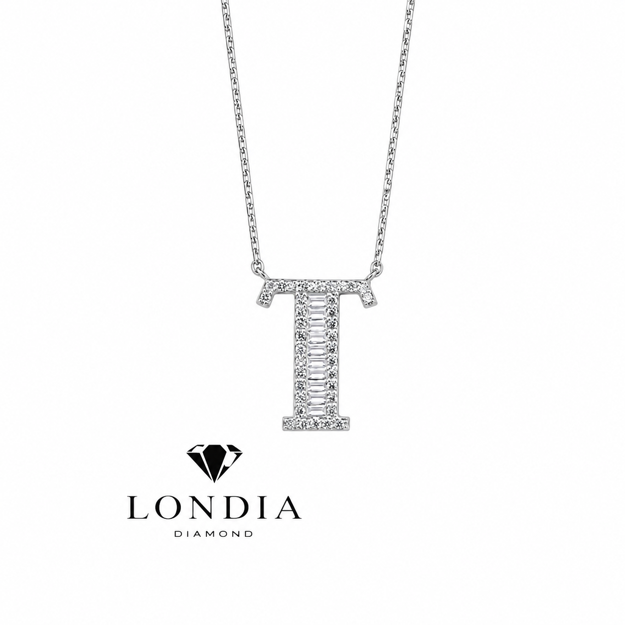 Personalized Baguette T Initial 0.30 Carat Natural Diamond Necklace
