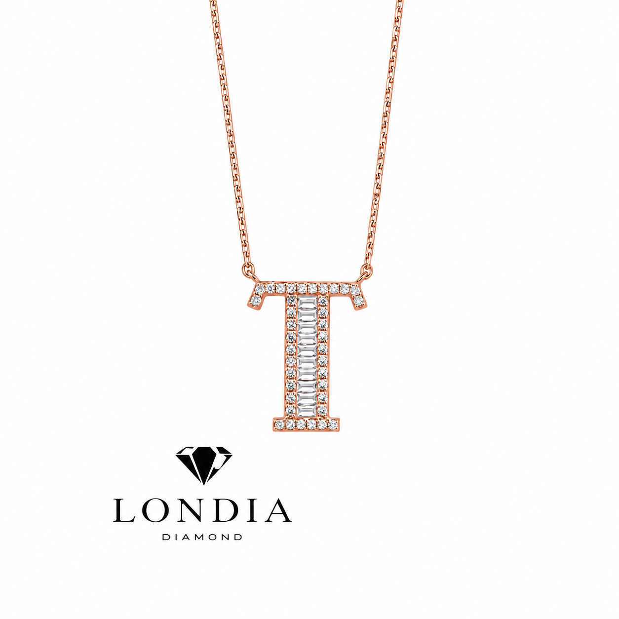 Personalized Baguette T Initial 0.30 Carat Natural Diamond Necklace