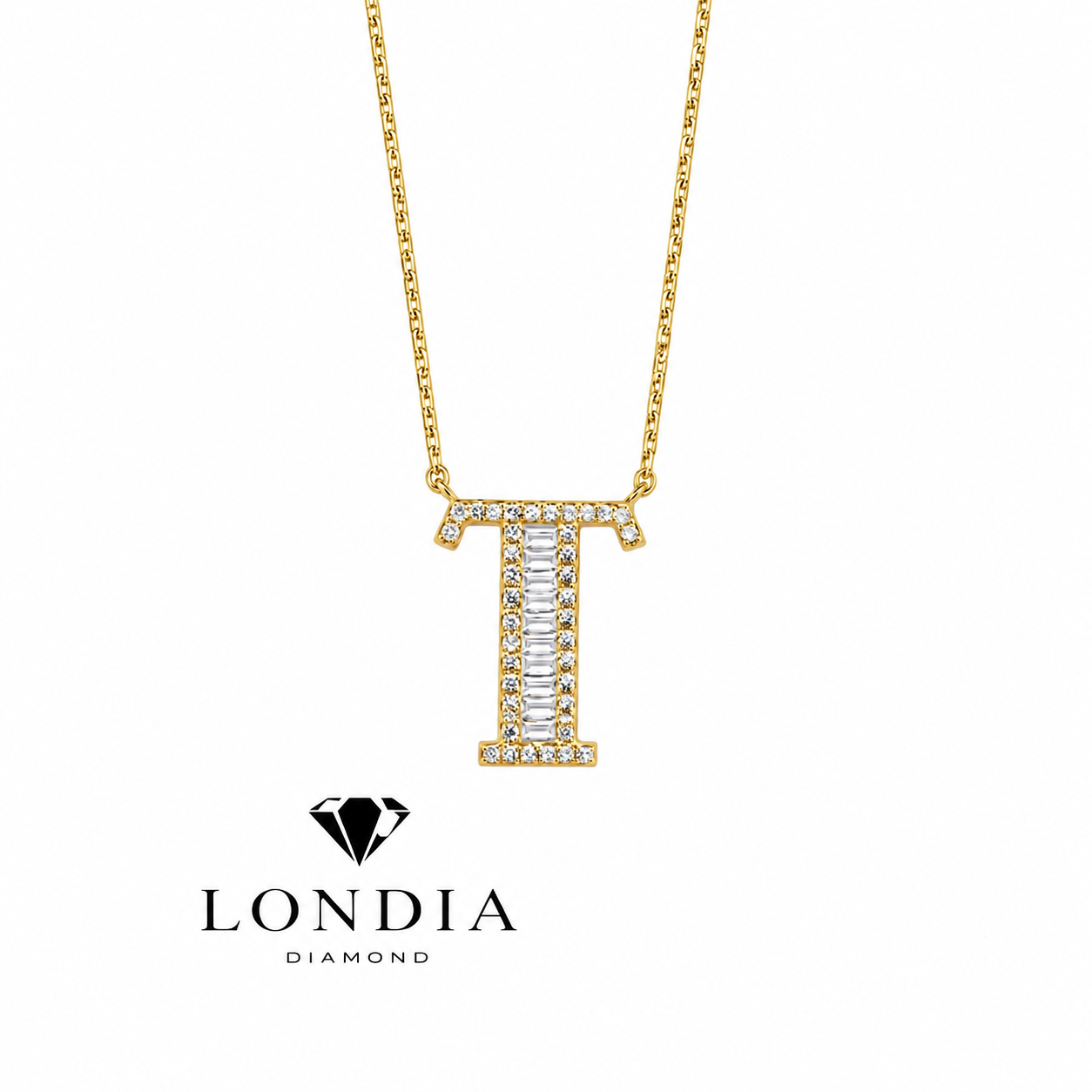 Personalized Baguette T Initial 0.30 Carat Natural Diamond Necklace