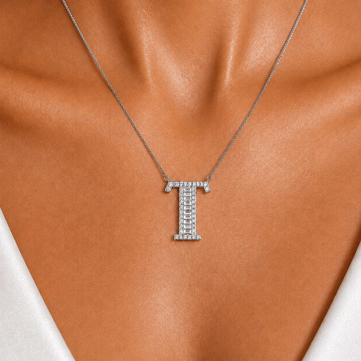 Personalized Baguette T Initial 0.30 Carat Natural Diamond Necklace
