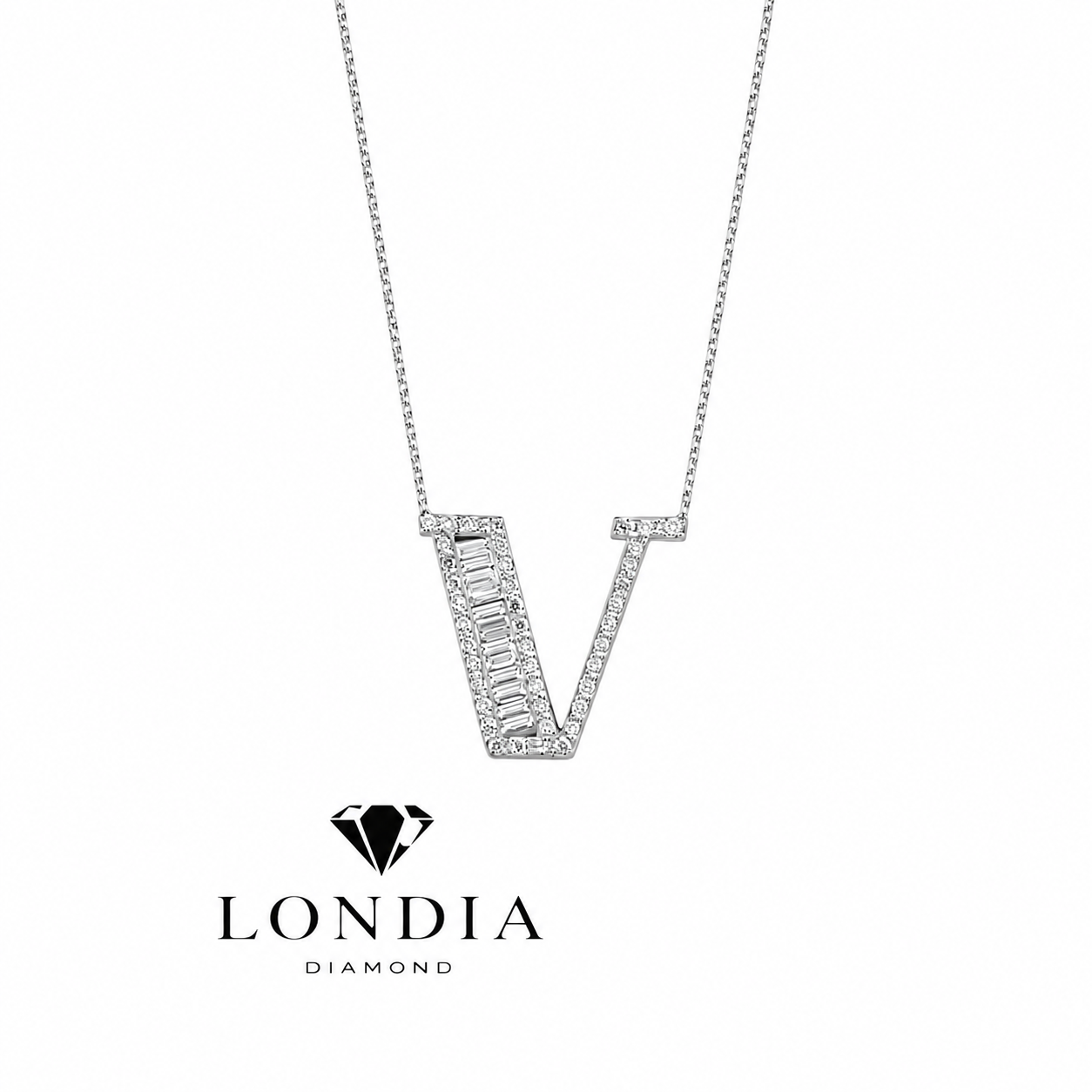Personalized Baguette V Initial 0.50 Carat Natural Diamond Necklace