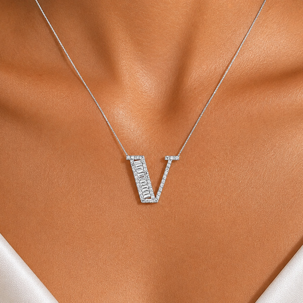 Personalized Baguette V Initial 0.50 Carat Natural Diamond Necklace
