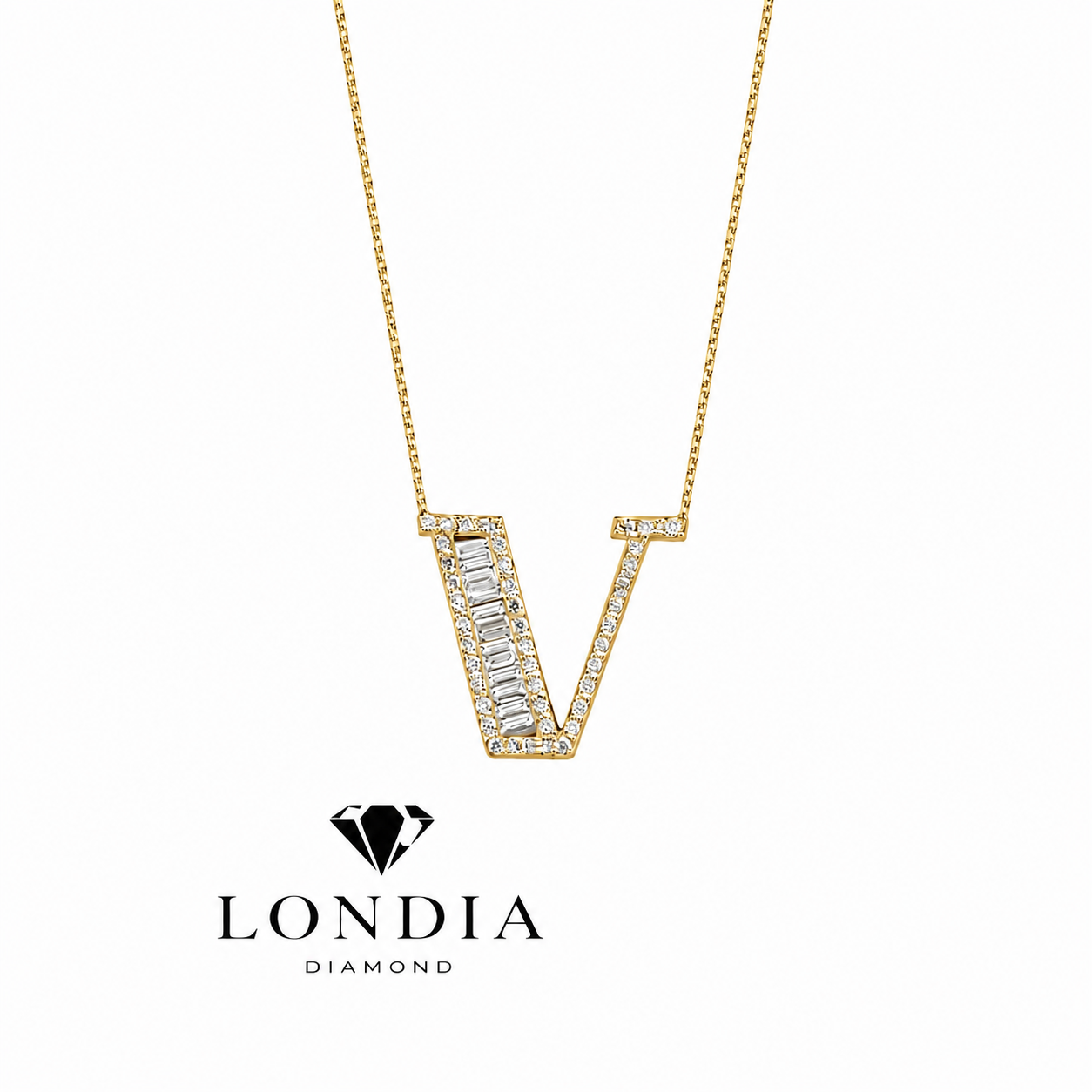 Personalized Baguette V Initial 0.50 Carat Natural Diamond Necklace