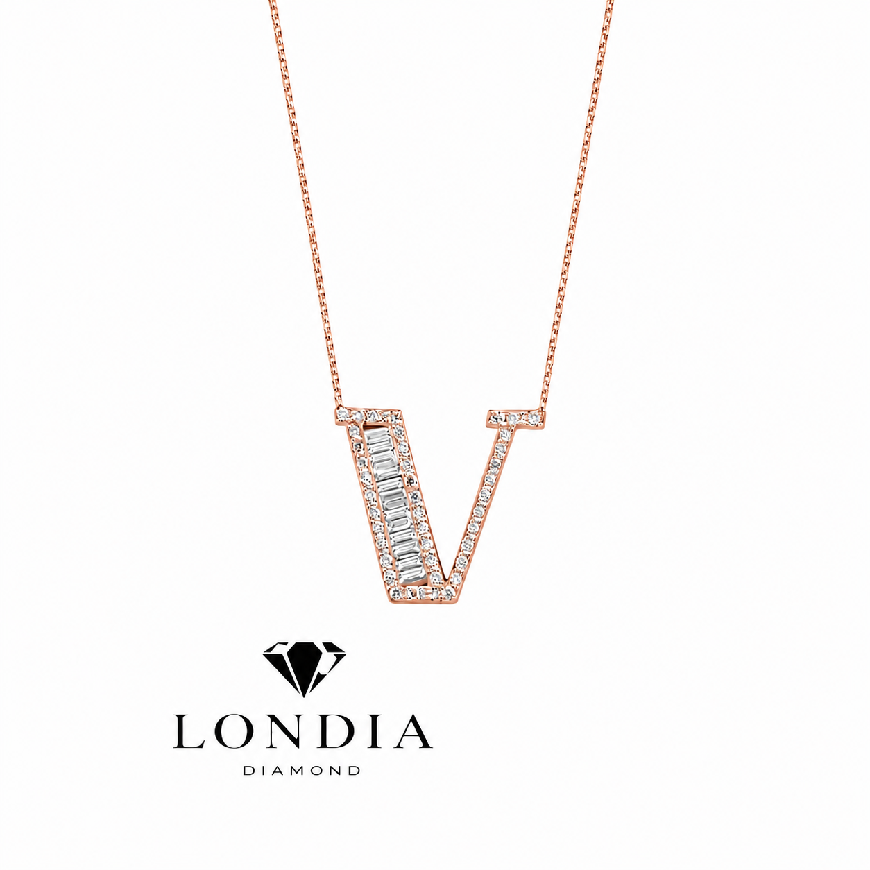 Personalized Baguette V Initial 0.50 Carat Natural Diamond Necklace
