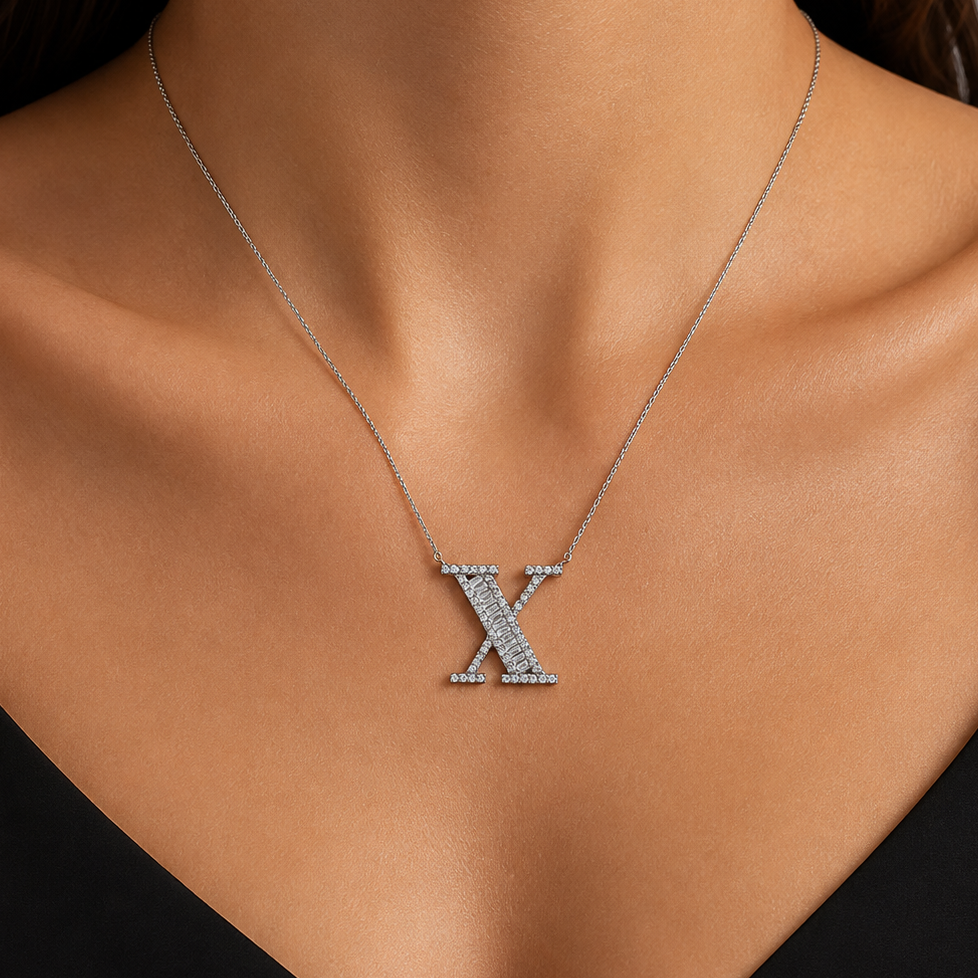 Personalized Baguette X Initial 0.50 Carat Natural Diamond Necklace