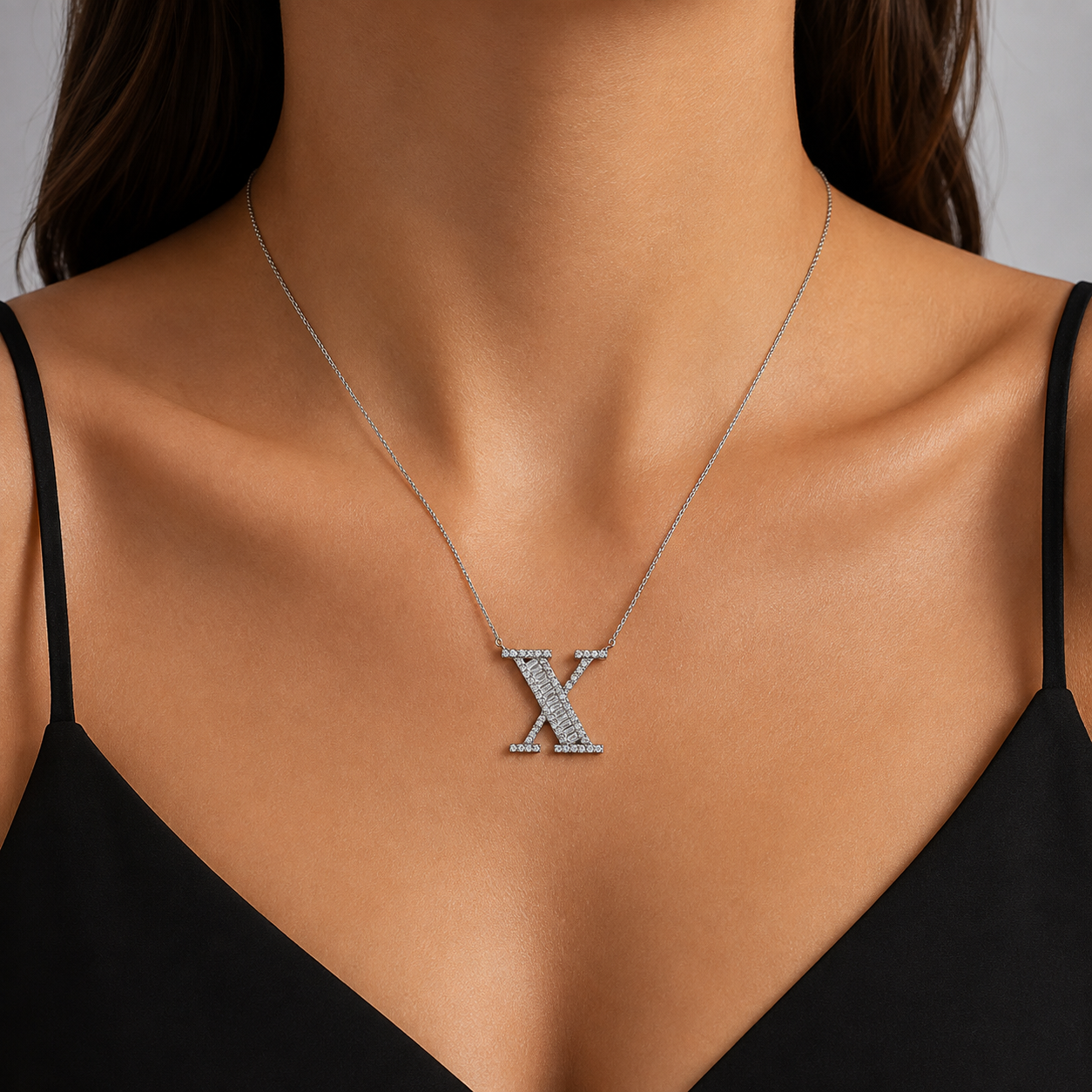 Personalized Baguette X Initial 0.50 Carat Natural Diamond Necklace