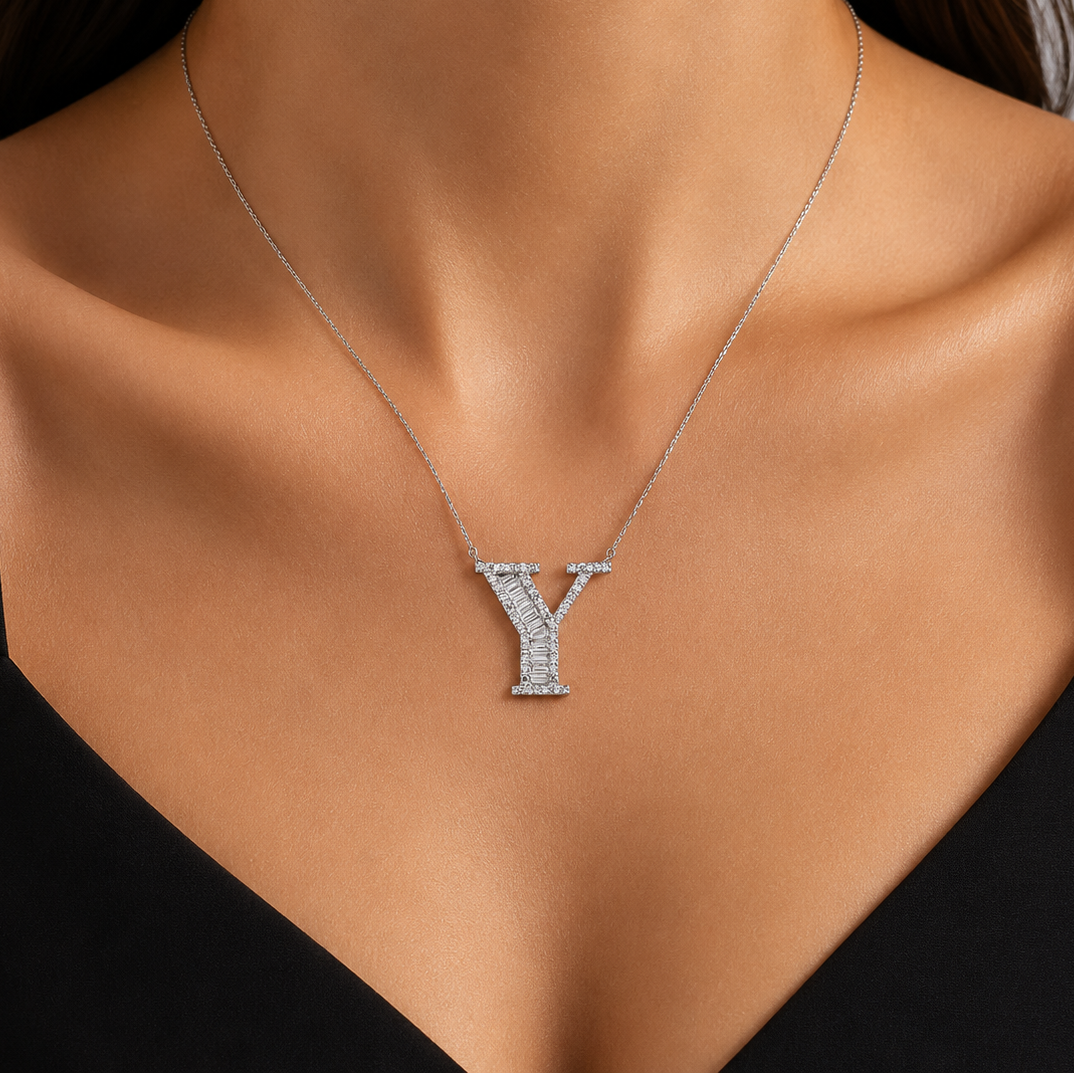 Personalized Baguette Y Initial 0.40 Carat Natural Diamond Necklace