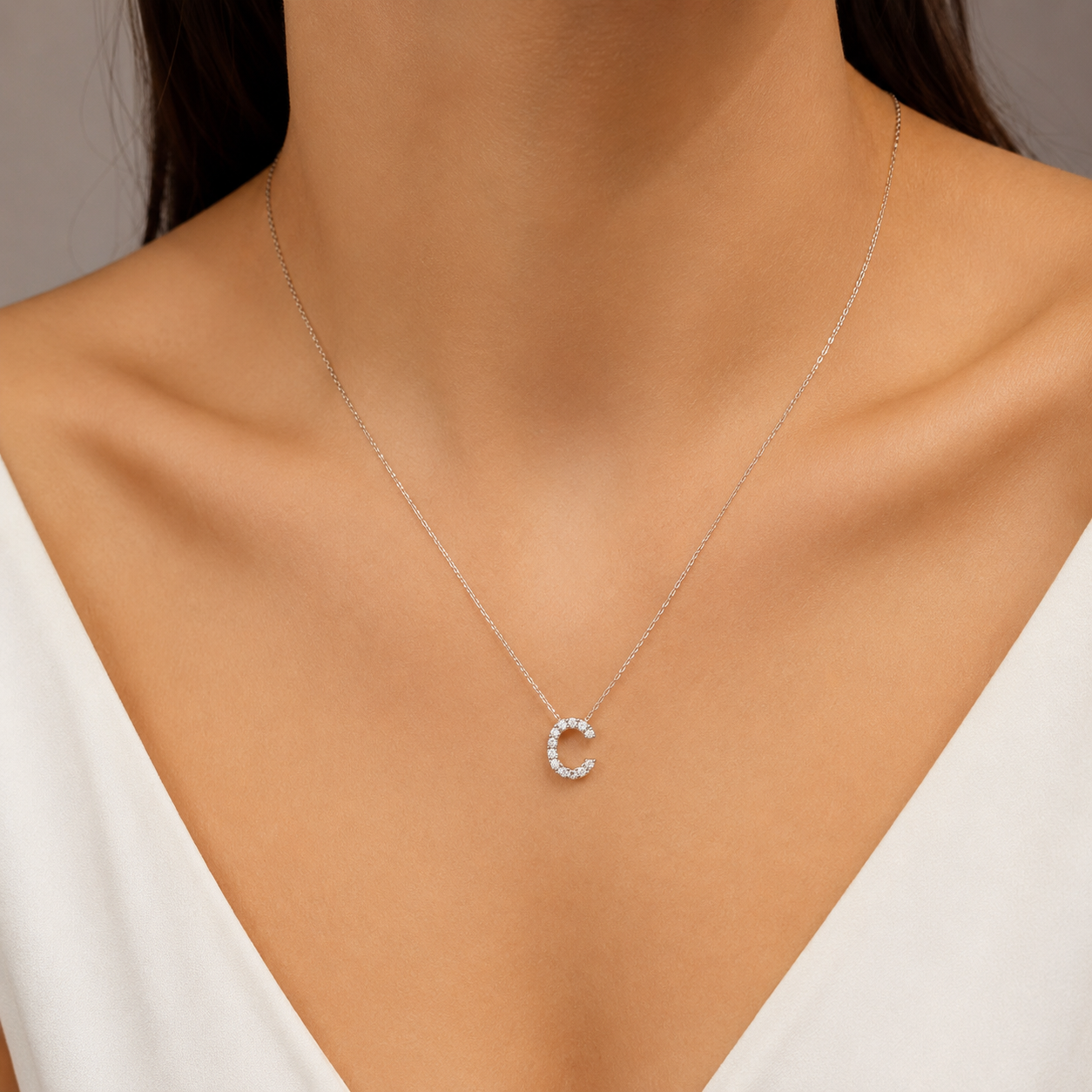 Personalized Mini C Initial 0.10 Carat Natural Diamond Necklace