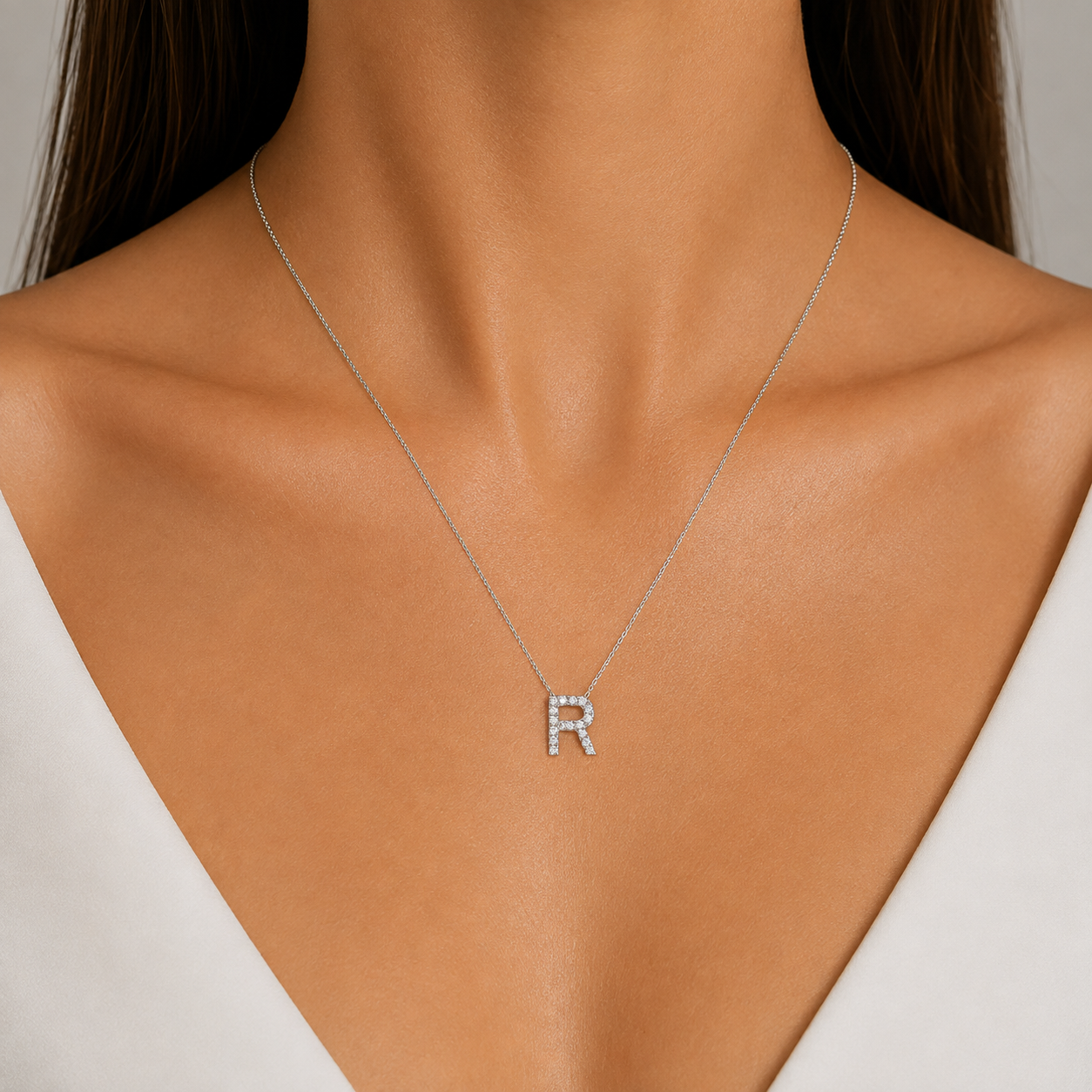 Personalized Mini R Initial 0.10 Carat Natural Diamond Necklace
