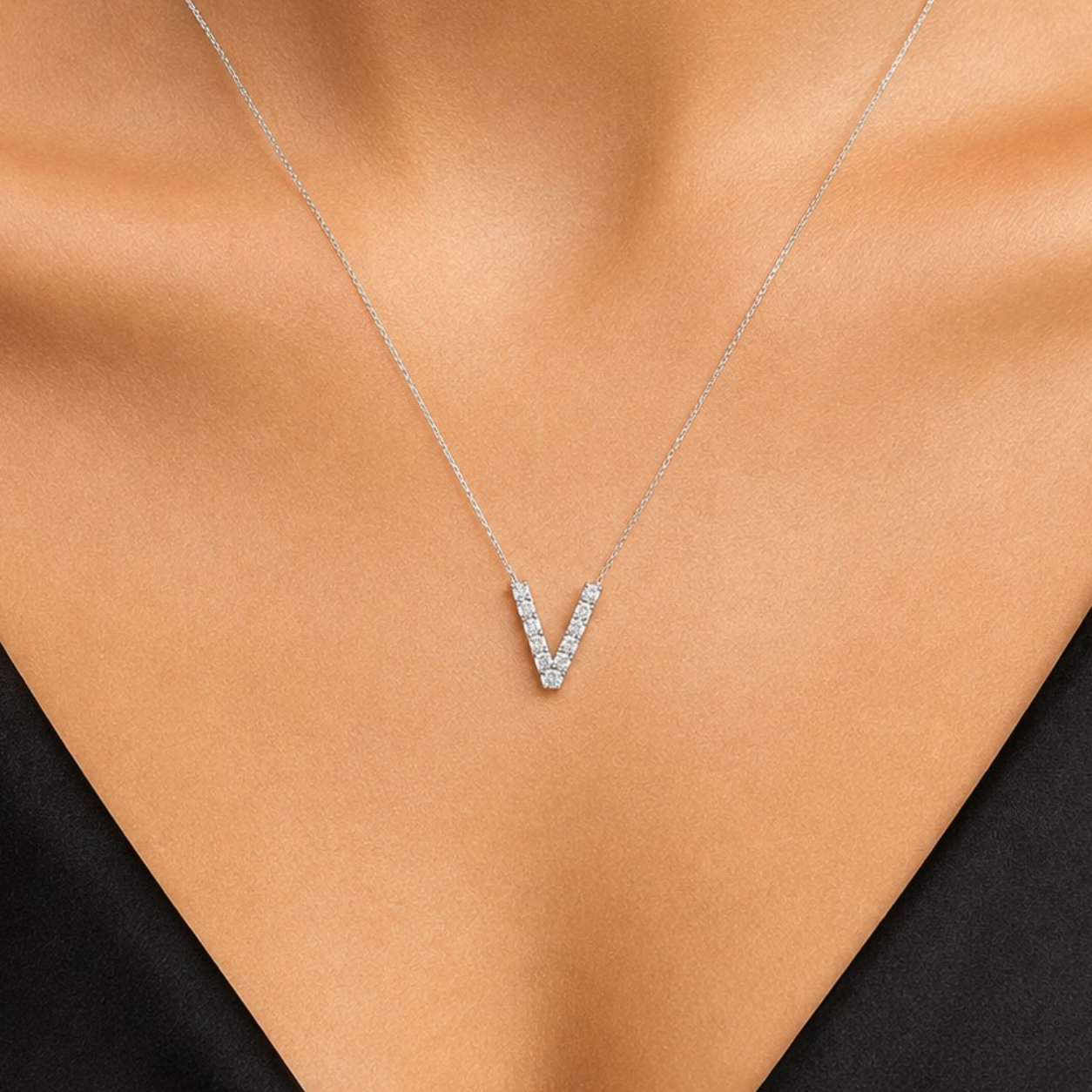 Personalized Mini V Initial 0.05 Carat Natural Diamond Necklace