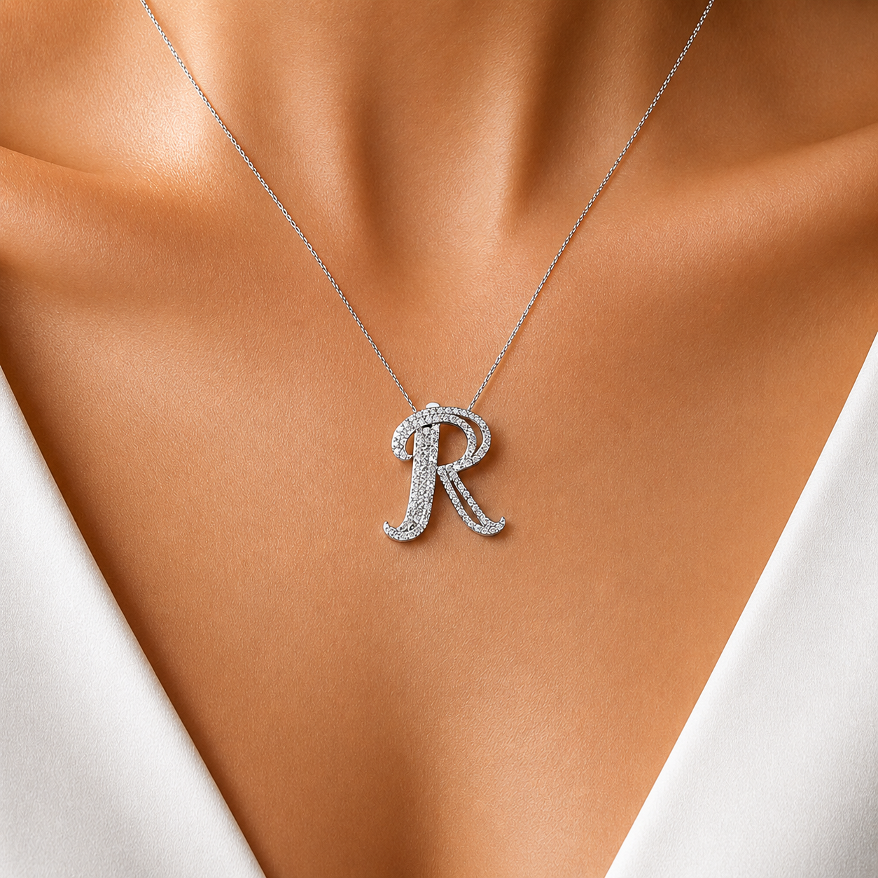 Personalized Royal R Initial 0.70 Carat Natural Diamond Necklace