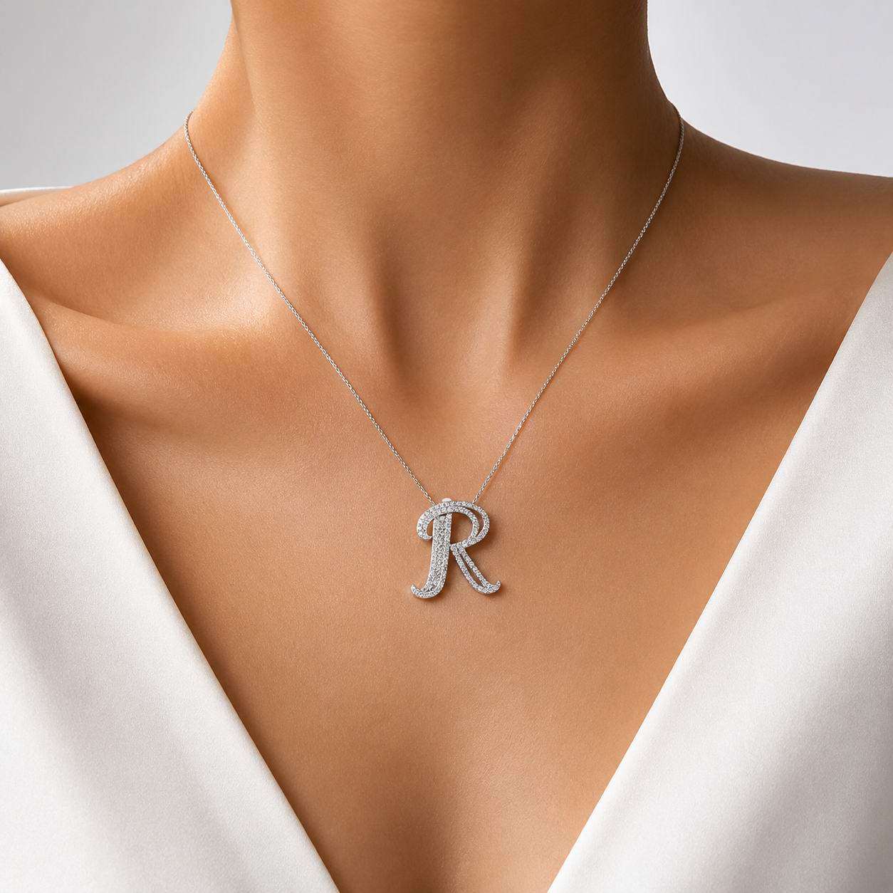 Personalized Royal R Initial 0.70 Carat Natural Diamond Necklace