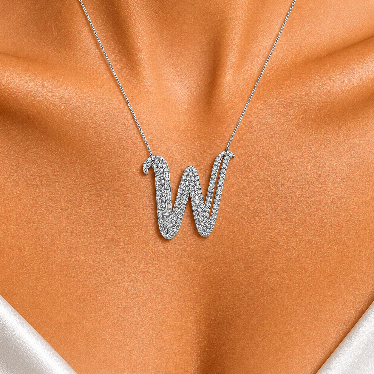 Personalized Royal W Initial 0.80 Carat Natural Diamond Necklace